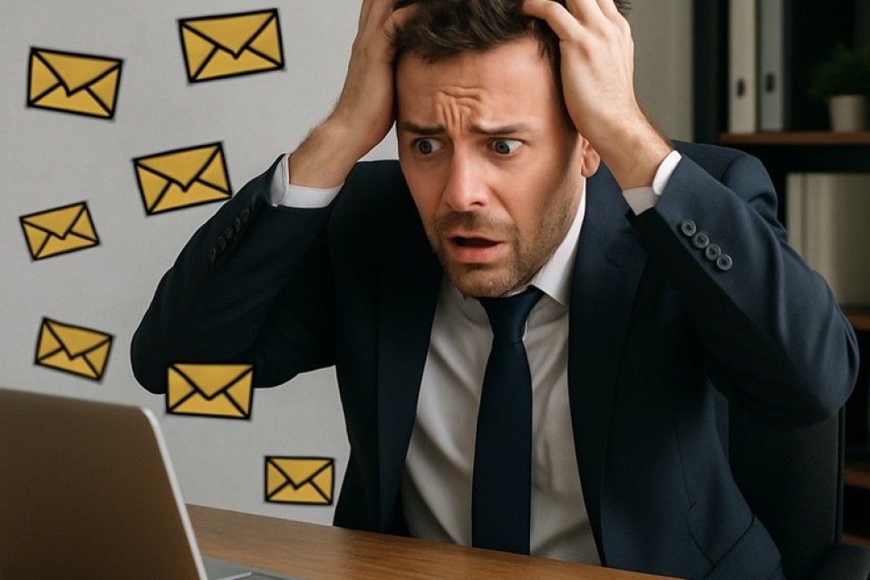 man in pak achter zijn bureau gefrustreerd omdat hij zijn e-mailberichten niet meer kan vinden