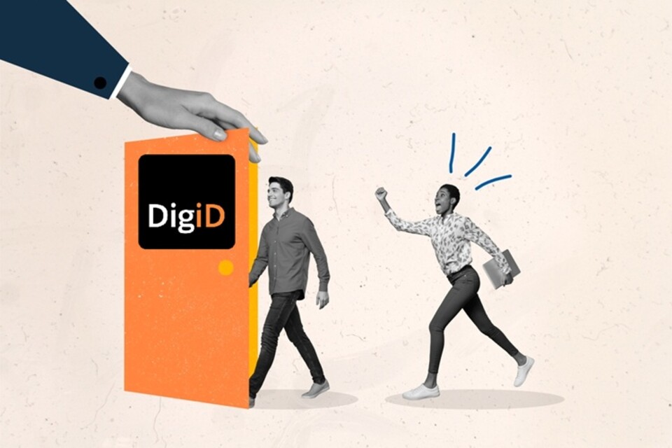 Collage waarin man door DigiD deur naar binnen loopt