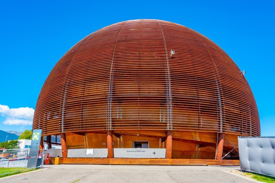 Wereldbol, van, wetenschap, en, innovatie, bij, Cern, in, Zwitserland.