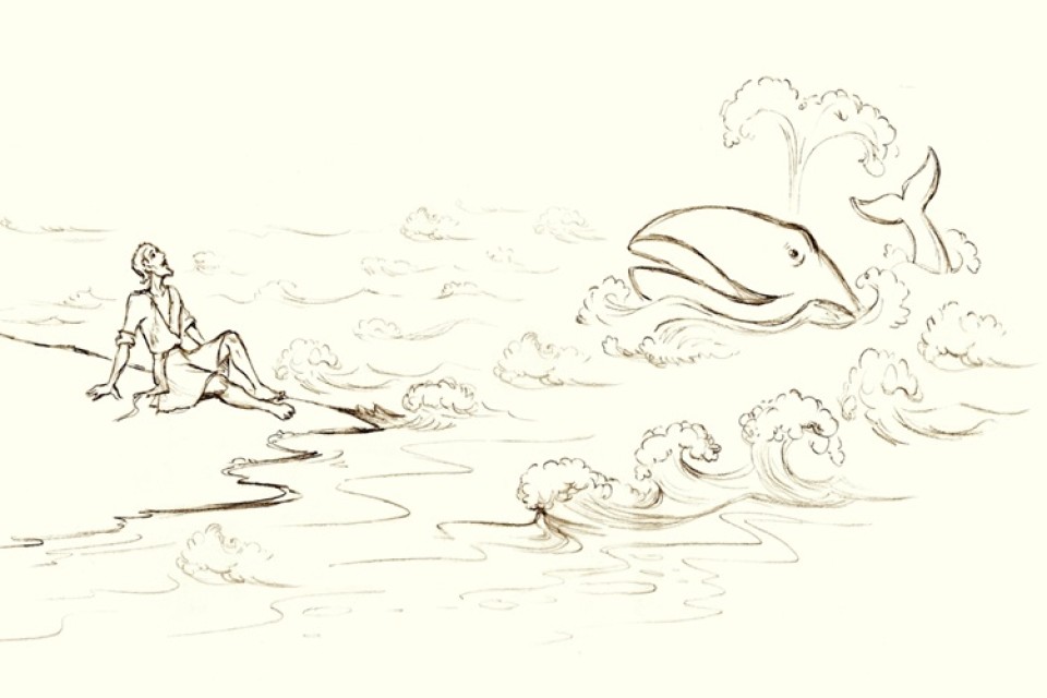 Tekening van Jonas op het land en een aanstormende walvis