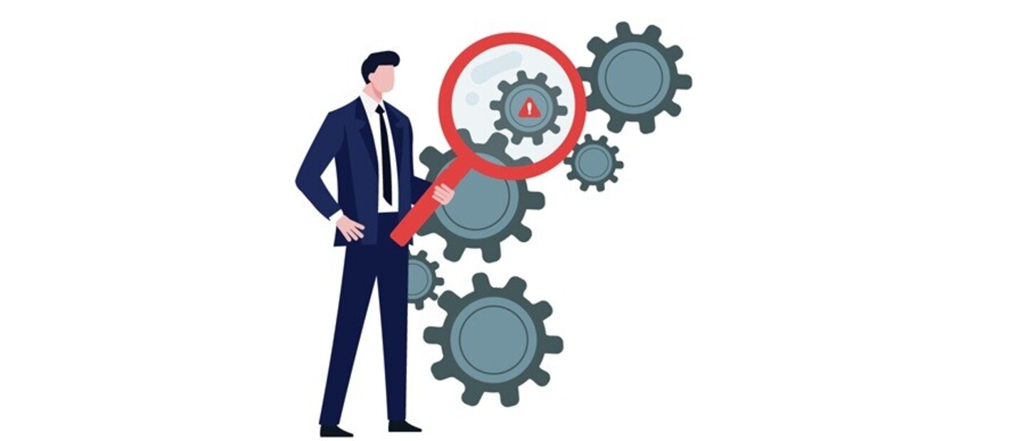 Tekening van een man die een enorm vergrootglas  boven radertjes houdt