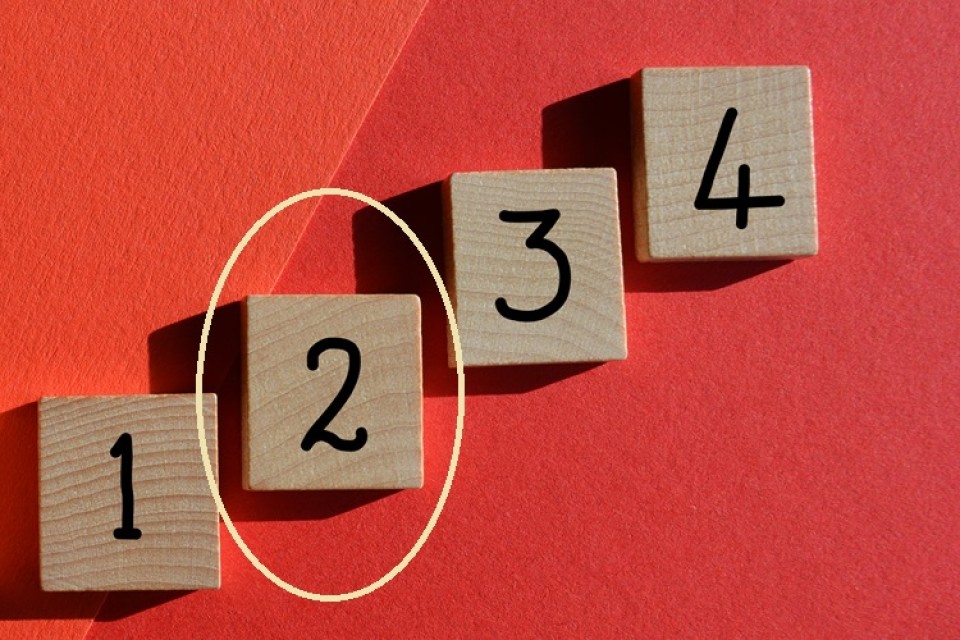 Rode achtergrond, vier houten blokjes die trapsgewijs omhoog gerangschikt zijn. Niveau 2 is omcirkeld