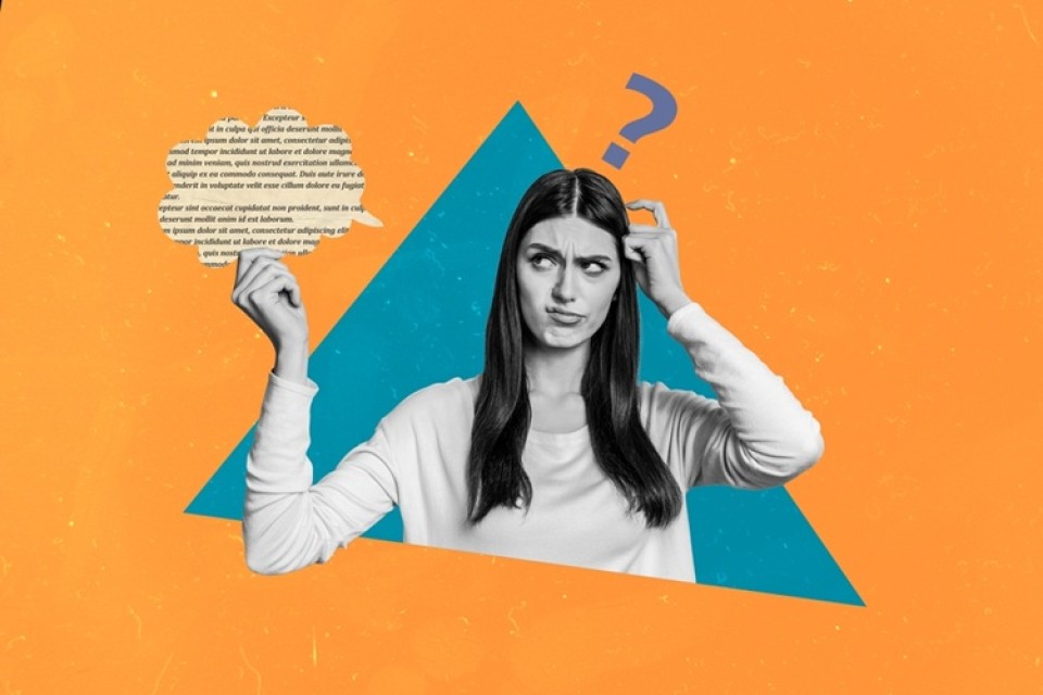 Compositie van vrouw met verbaasde blik en vraagteken boven haar hoofd