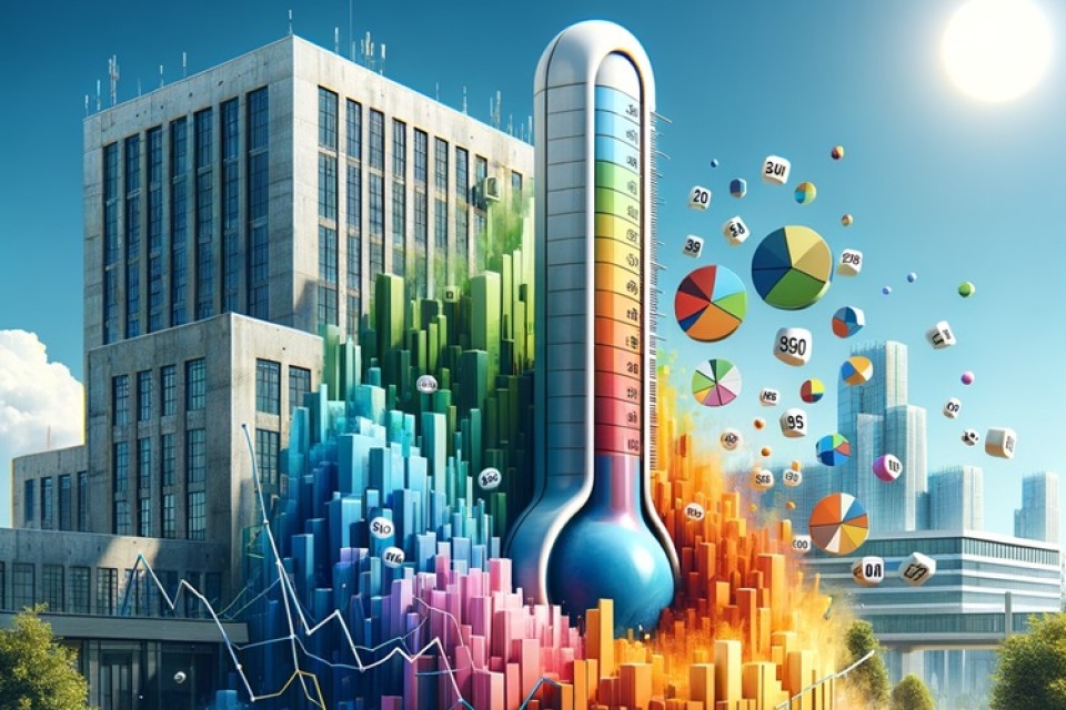 Thermometer steekt in een berg met data, op de achtergrond een ziekenhuis. Beeld is AI-gegenereerd