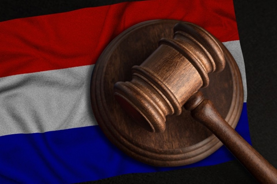 Nederlandse vlag met hamer van de rechter er bovenop|