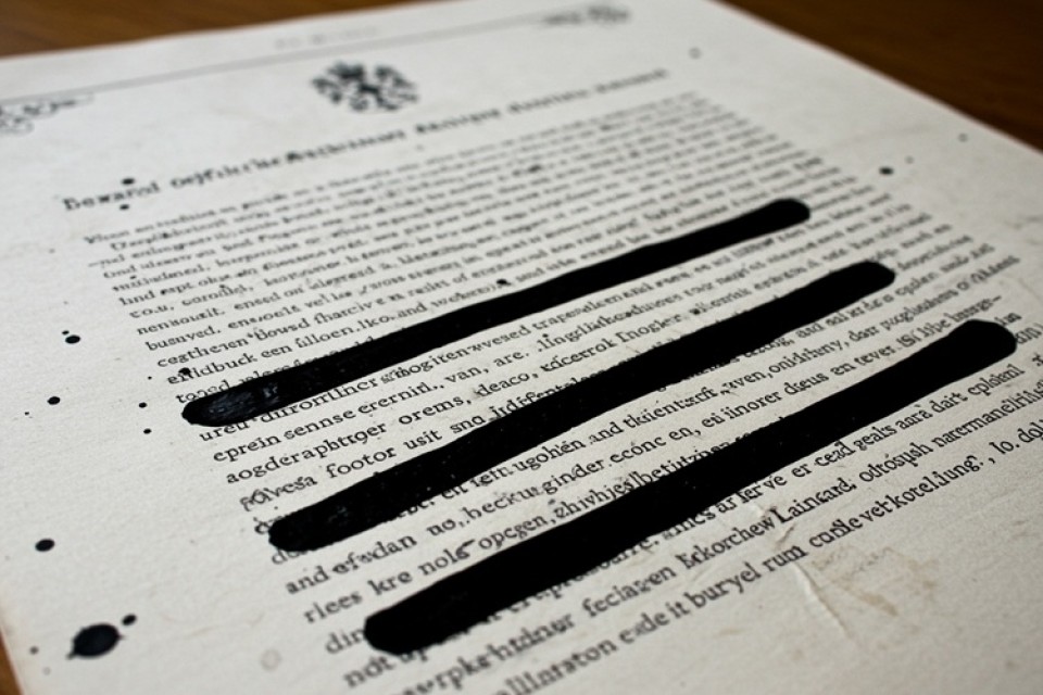 Officieel document waarin woorden en zinnen zijn zwartgelakt