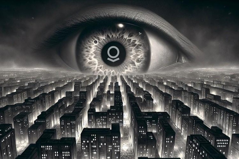 Zwart-wit beeld van appartementen met op de achtergrond een groot oog met het logo van palantir