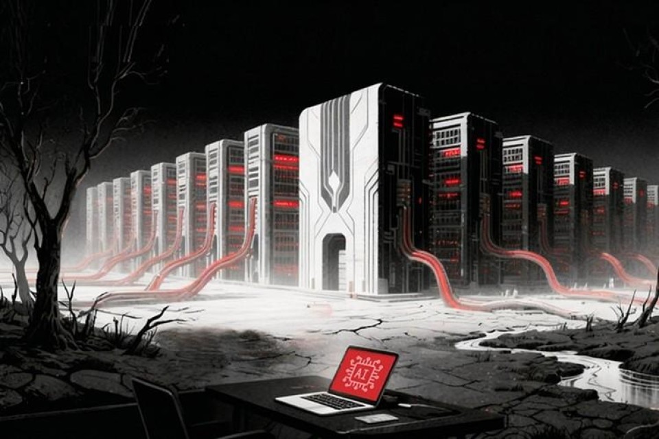 Wit getekende datacenters tegen zwarte achtergrond, met rood slurpende energiestroom. Op de voorgrond een laptop met het woord AI erop.