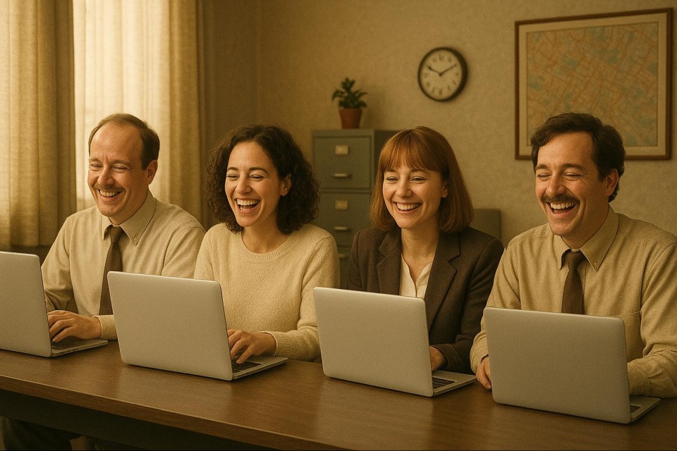 Vier blije ambtenaren achter hun latops