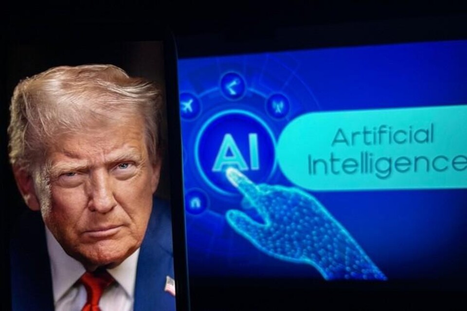 Trump naast digitale AI-interface met kunstmatige intelligentie symbolen