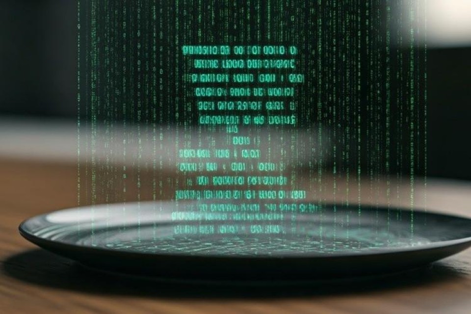 Schaal op tafel met computercode erboven