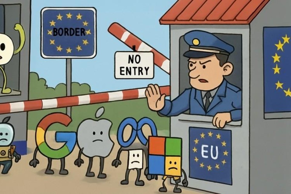 illustratie van douande die de logo's van bigtech-bedrijven tegenhoudt bij de Europese grens