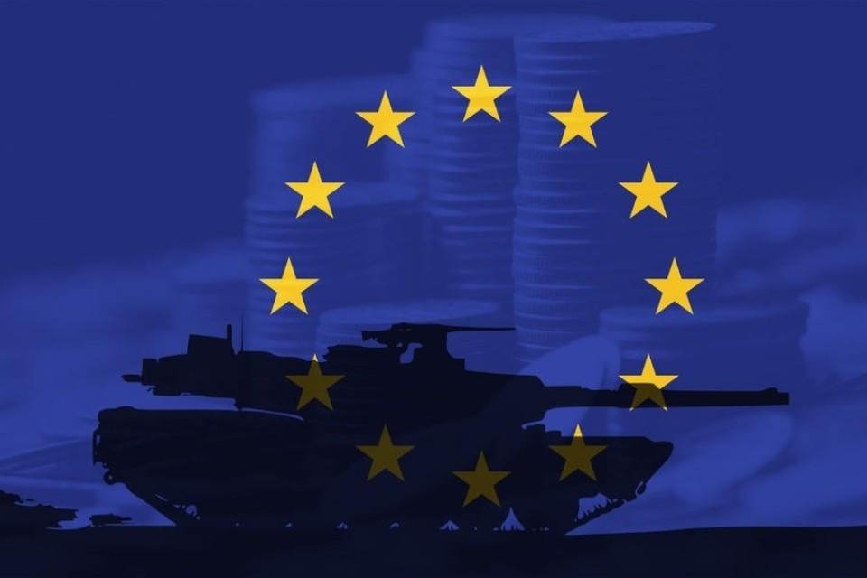 Blauw achtergrond met de Europese gele sterren, erop een tank in zwart geprojecteerd