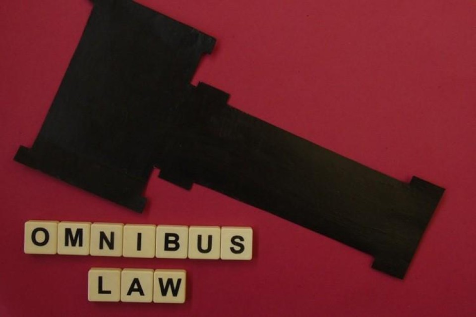 Zwarte rechtershamer op rode achtergrond met woorden Omnibus Law eronder