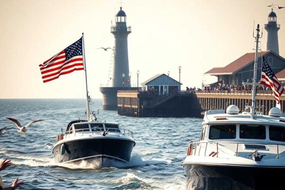 Twee motorboten met Amerikaanse vlaggen varen op zee nabij een pier met vuurtorens en mensen.