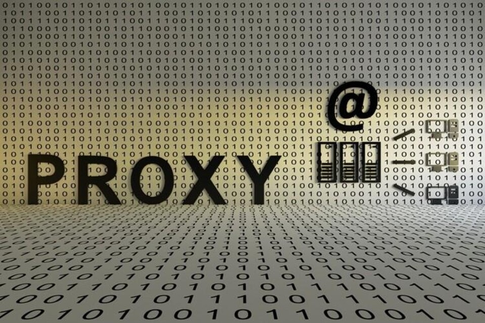 3D-afbeelding van het woord PROXY met slotpictogram op binaire code achtergrond