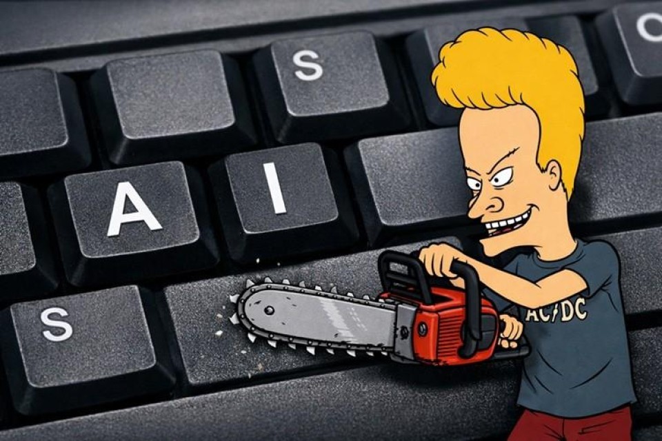 afbeelding van een toetsenbord met de letters A en I naast elkaar en direct daarnaast stripfiguur Beavis met een motorzaag in zijn hand.