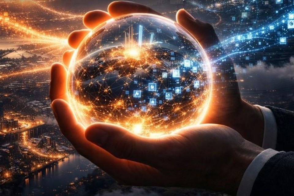 Twee handen met een glazen bol, er stromen data in