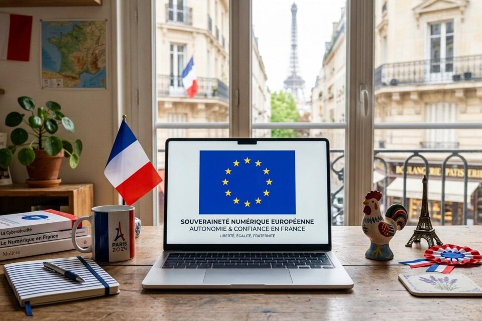 Laptop met Europese vla voor een raam dat uitkijkt op een Parijse straat