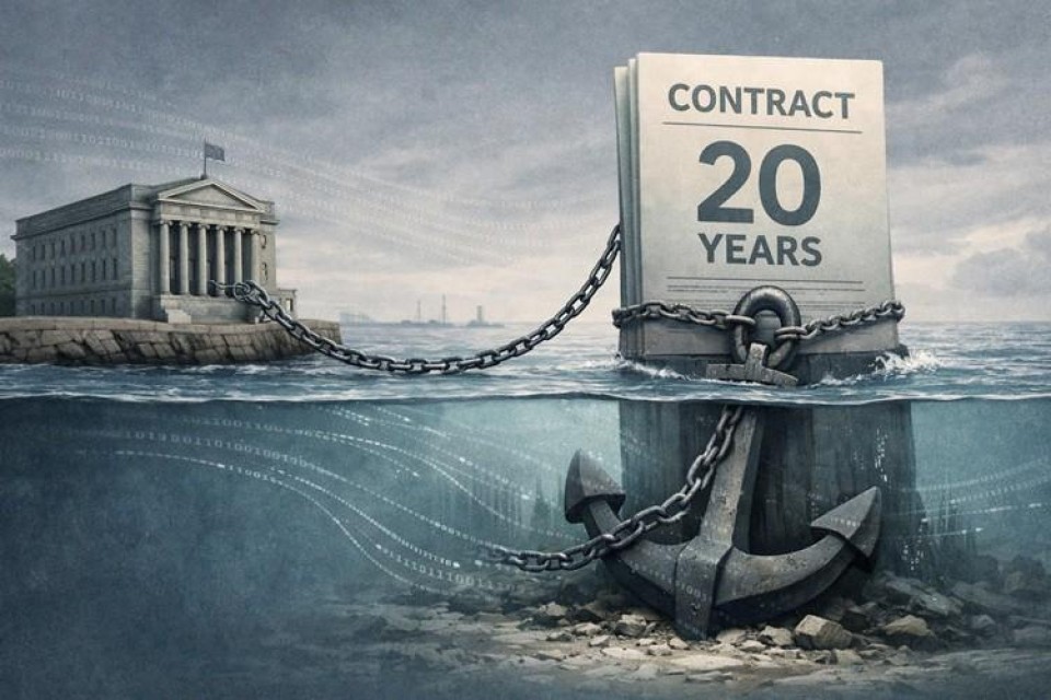 AI-gegenereerd beeld van Pentagon met ketting naar 20-jaarscontract.