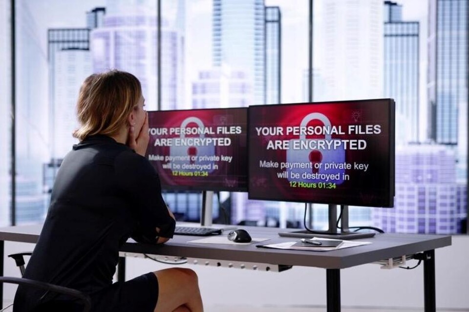 Vrouw staart met hand voor mondnaar twee schermen waarop staat 'Your personal files are encrypted'