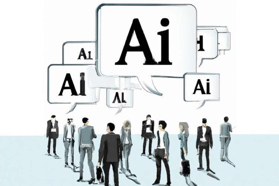 Wit met lichtblauwe afbeelding, we zien getekende mensen die roepen om AI