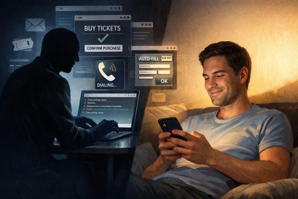 Man leunt achterover in stoel tewijl compergedaante op de achtergrond het werk doet