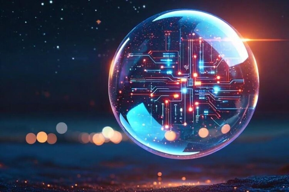 Digitale bubbel met verlichte elektronische circuits tegen een donkere achtergrond met lichtvlekken