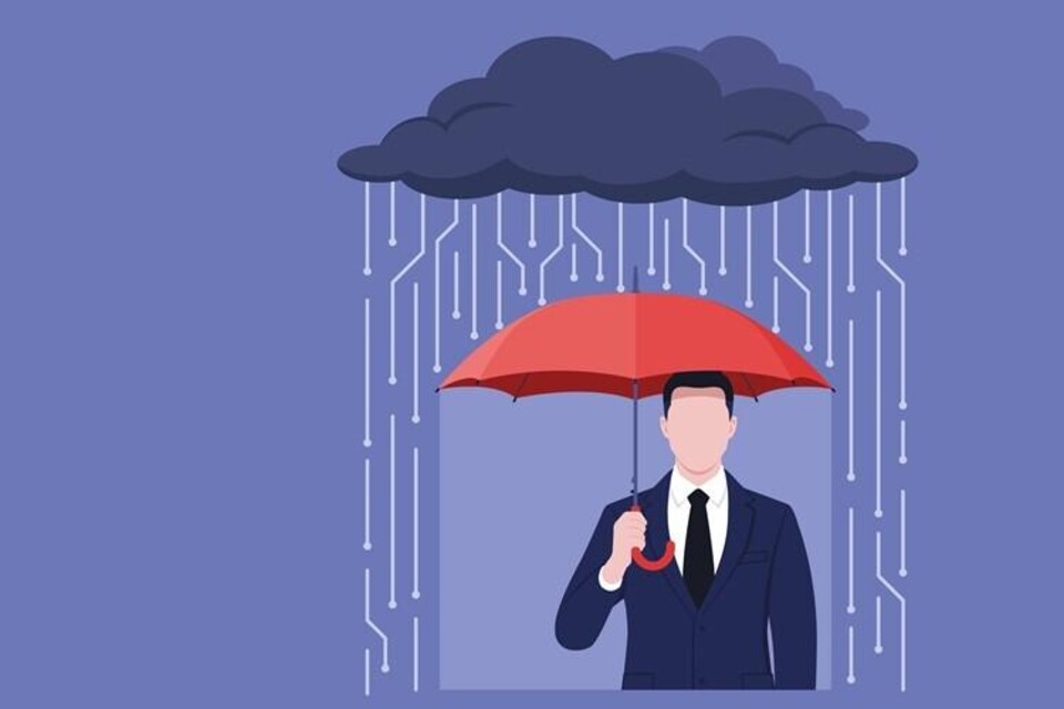 Tekening van een man met blauw pak die onder een rode paraplu staat. Daarboven donkere wolken