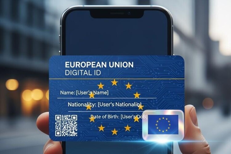 Smartphone met daarvoor een Europese  digitale identiteitskaart geprojecteerd