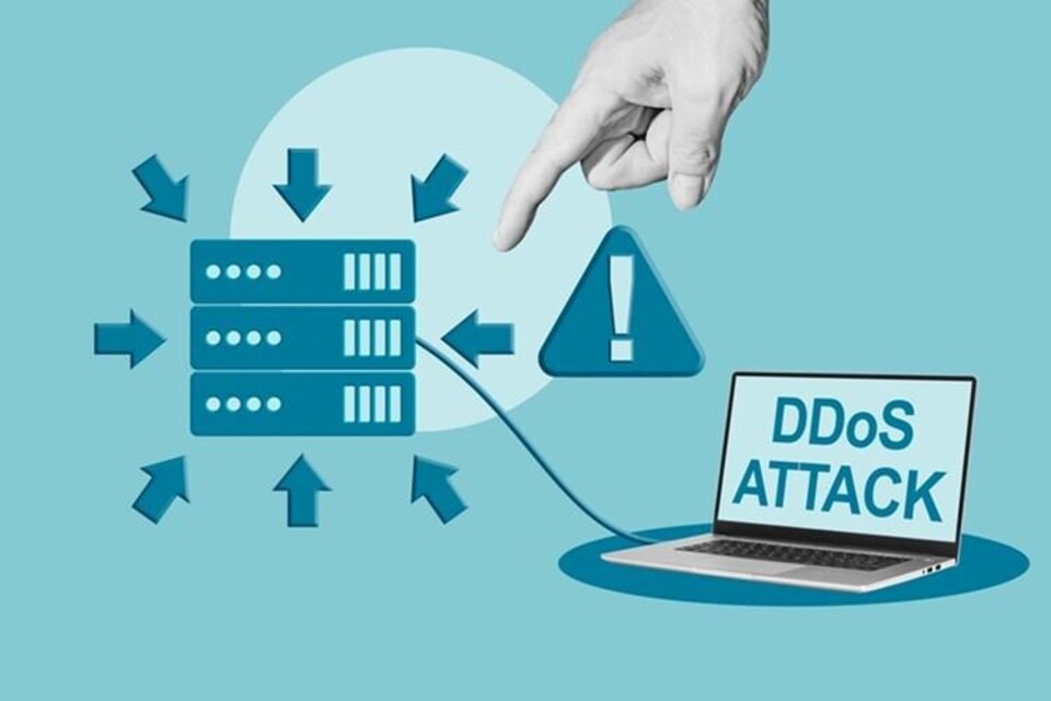 Illustratie van DDoS-aanval met serverstack, inkomende pijlen en laptop met DDoS ATTACK-tekst.