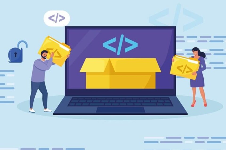 Illustratie van een man en een vrouw die gele mappen met codebestanden naar een laptop met een open doos en code-icoon verplaatsen.
