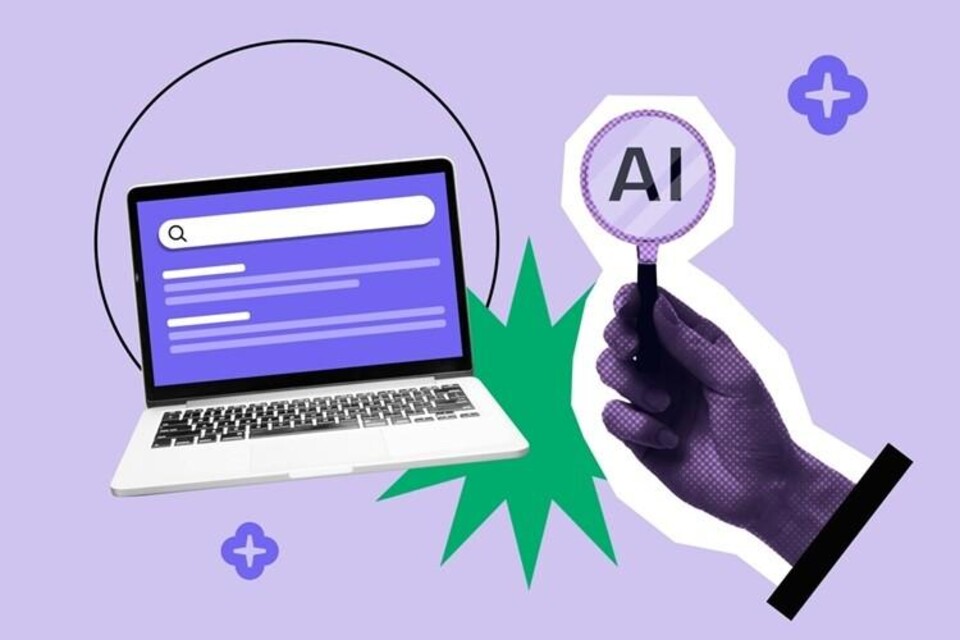 Illustratie van laptop en hand met AI-badge op paarse achtergrond