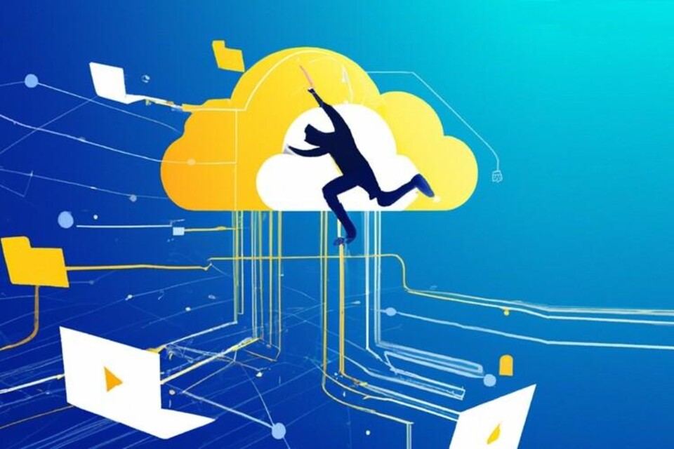 Silhouet van persoon springt tussen gele en witte wolken met verbonden laptops en digitale lijnen op blauwe achtergrond