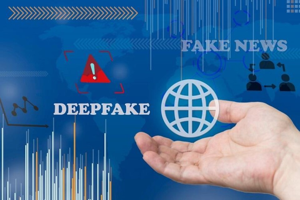Hand met wereldbol-icoon, tekst 'DEEPFAKE' en 'FAKE NEWS' op blauwe achtergrond met grafieken en waarschuwingsteken.