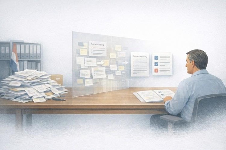 Ambtenaar achter bureau die met Ai informatie laat rubriceren en samenvatten, AI-gegenereerd