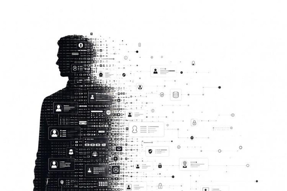 Zwarte silhouet van een persoon met digitale iconen en gegevensstromen die naar rechts vervagen.