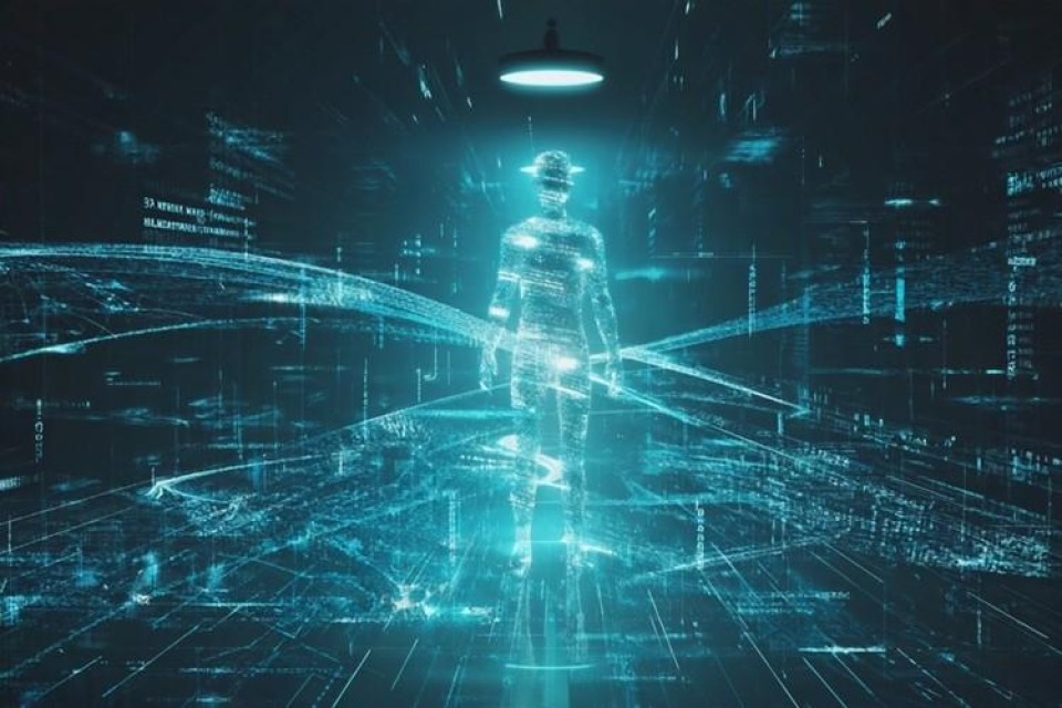 Een humanoïde AI-figuur staat in een donker archief