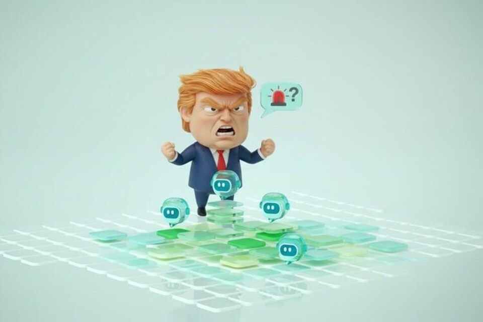 Geanimeerde Trump-figuur boos op AI-agent grid met waarschuwingsbord en multi-agent iconen