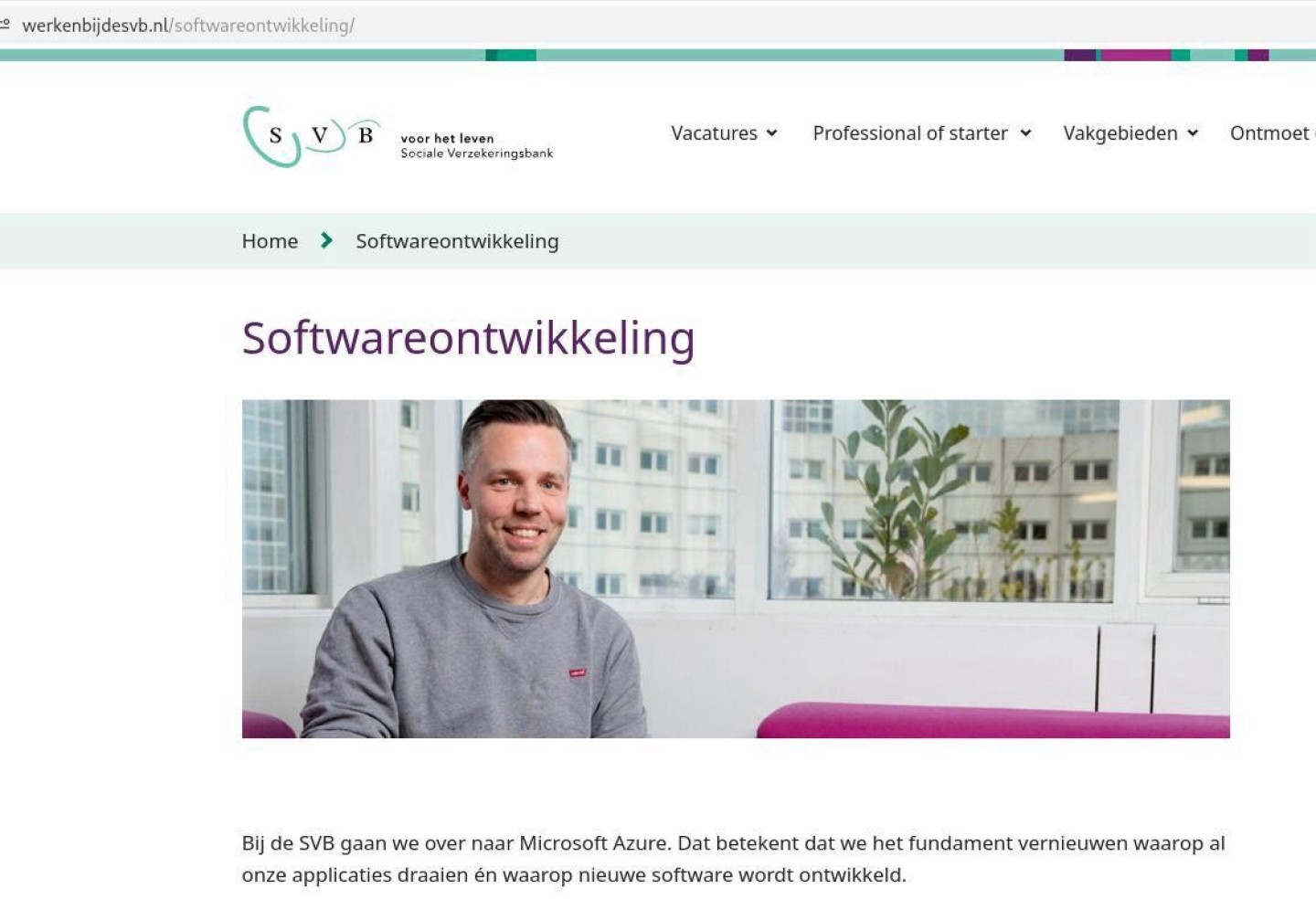 Screenshot van vacaturepagina SVB met aankondiging van overstap naar Azure