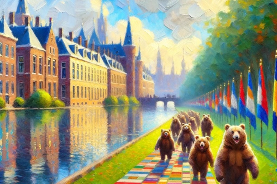 Impressionistisch beeld van wandelende beren langs de Hofvijver