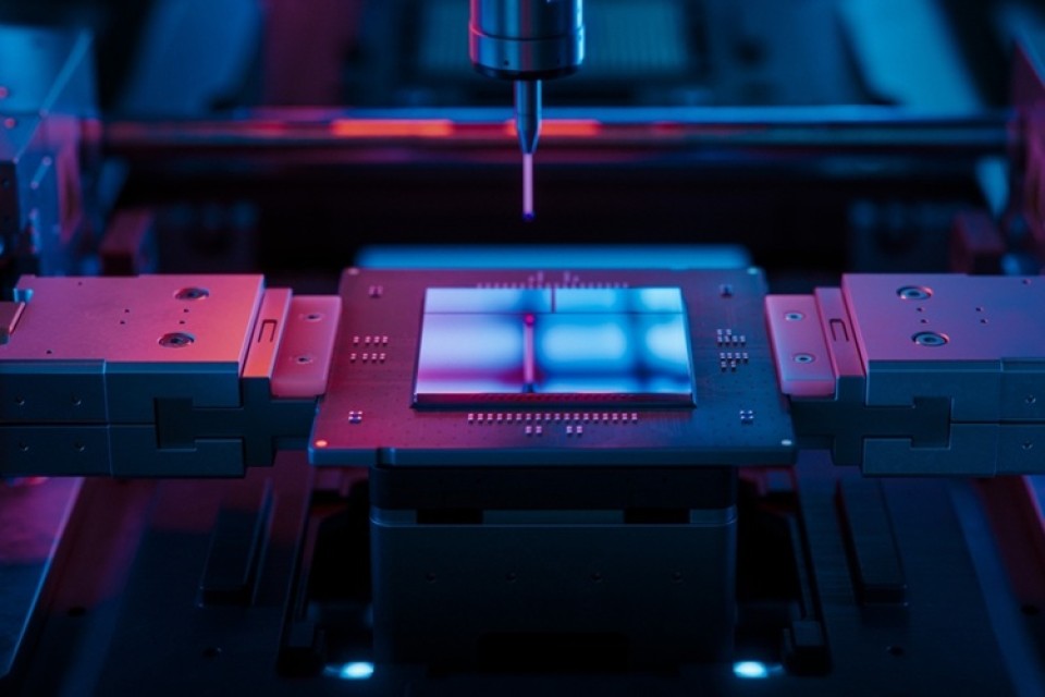 Close-up,Of,Advanced,Computer,Chip,Illuminated,With,Red,Light,In